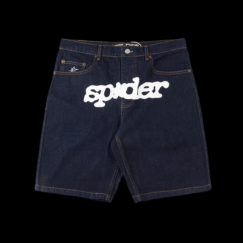 Sp5der Frost Web Denim Shorts – Dark Blue