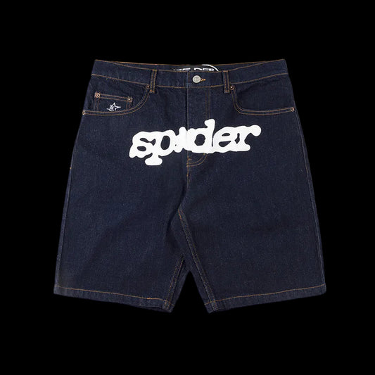 Sp5der Frost Web Denim Shorts – Dark Blue
